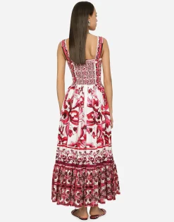 Calf-length bustier dress in Majolica-print poplin