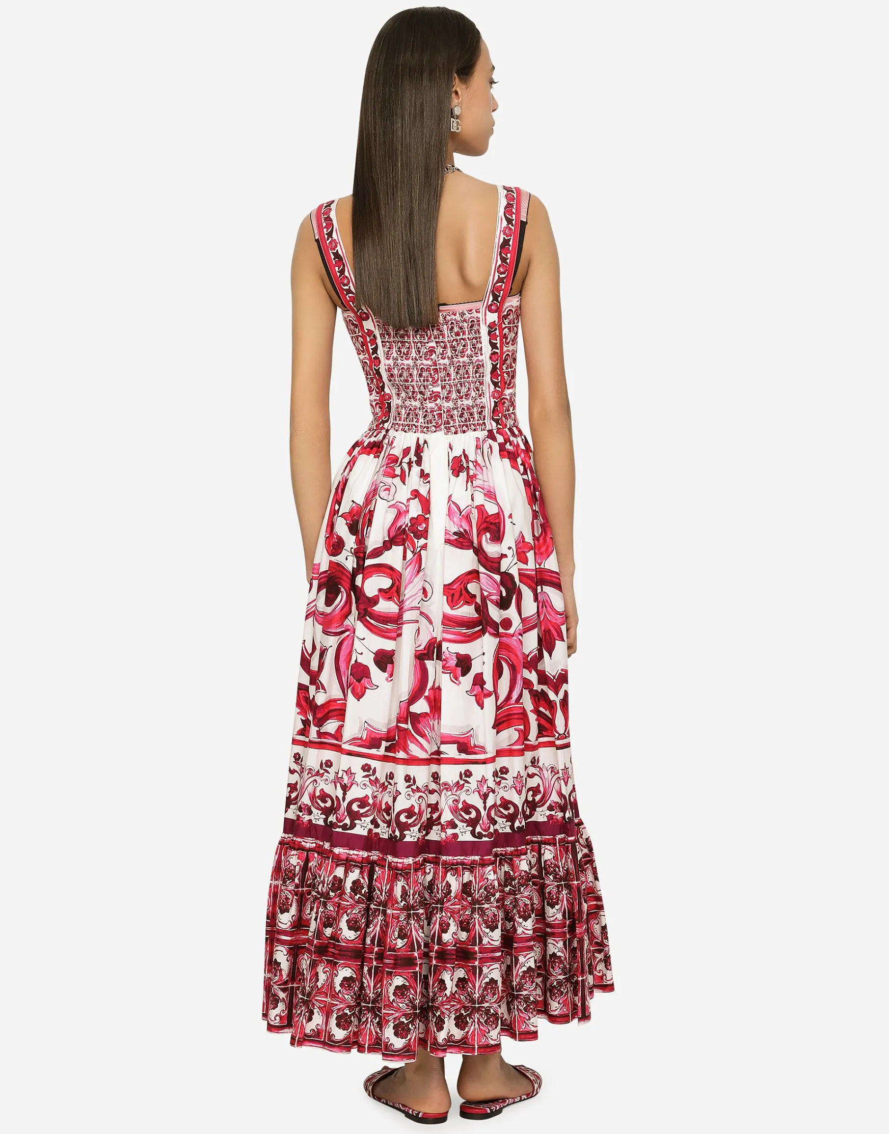 Calf-length bustier dress in Majolica-print poplin