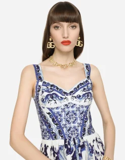 Calf-length bustier dress in majolica-print poplin