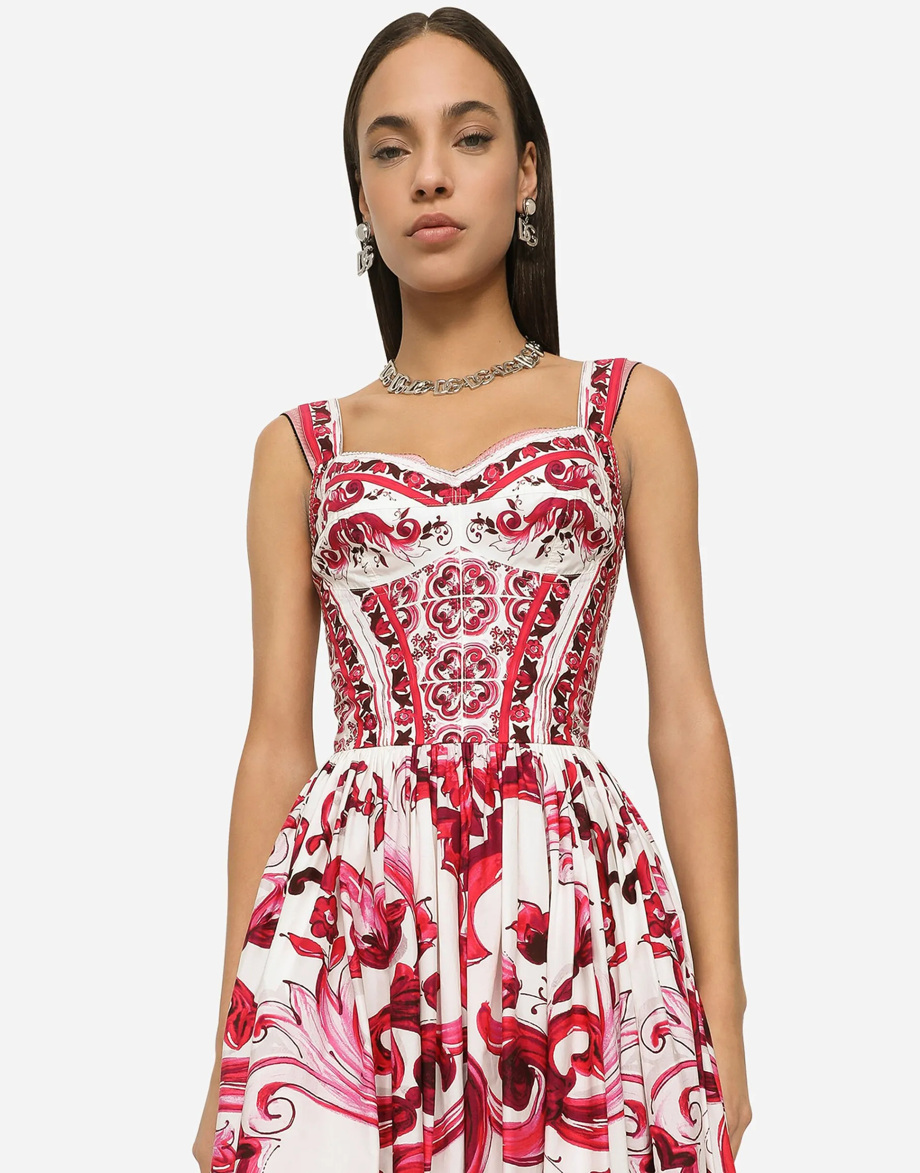 Calf-length bustier dress in Majolica-print poplin