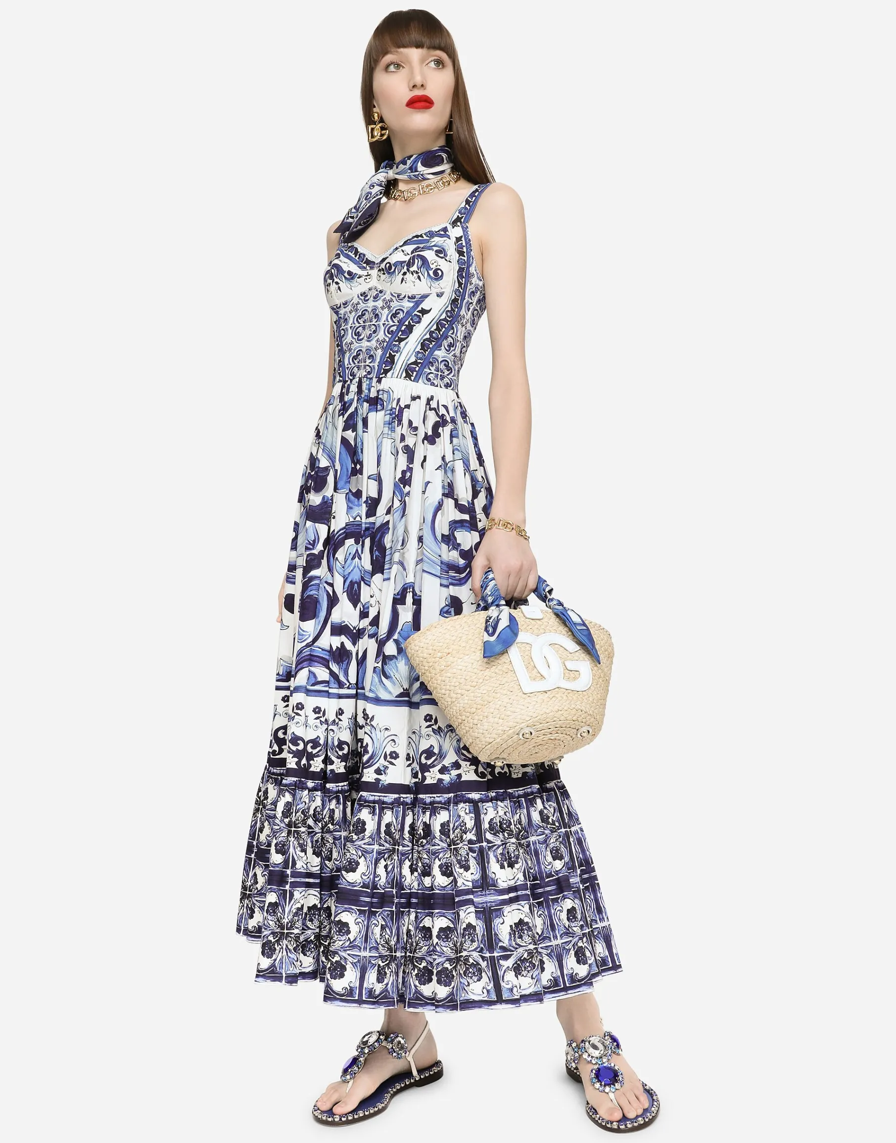 Calf-length bustier dress in majolica-print poplin