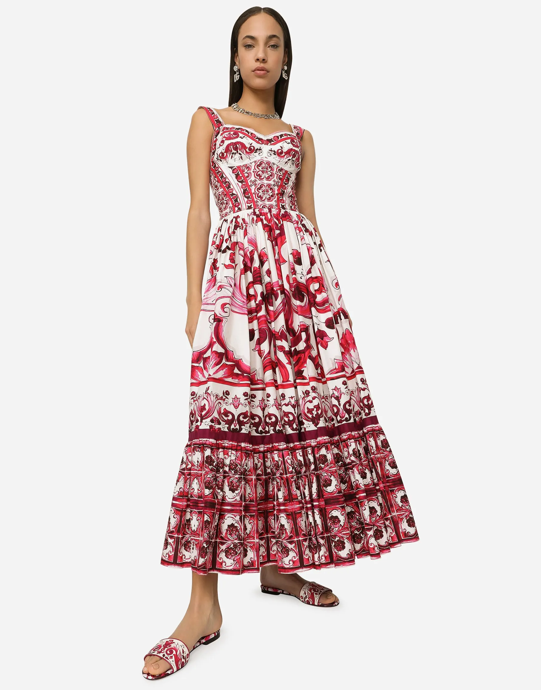Calf-length bustier dress in Majolica-print poplin