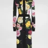 Calf-length cady shirt dress with peony and rose print