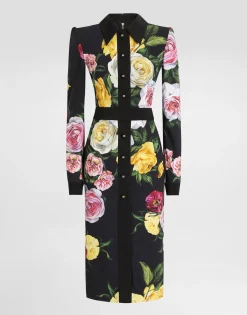 Calf-length cady shirt dress with peony and rose print