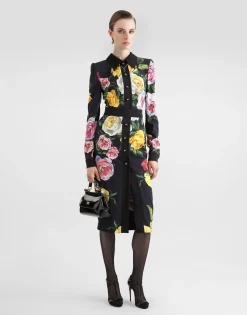 Calf-length cady shirt dress with peony and rose print