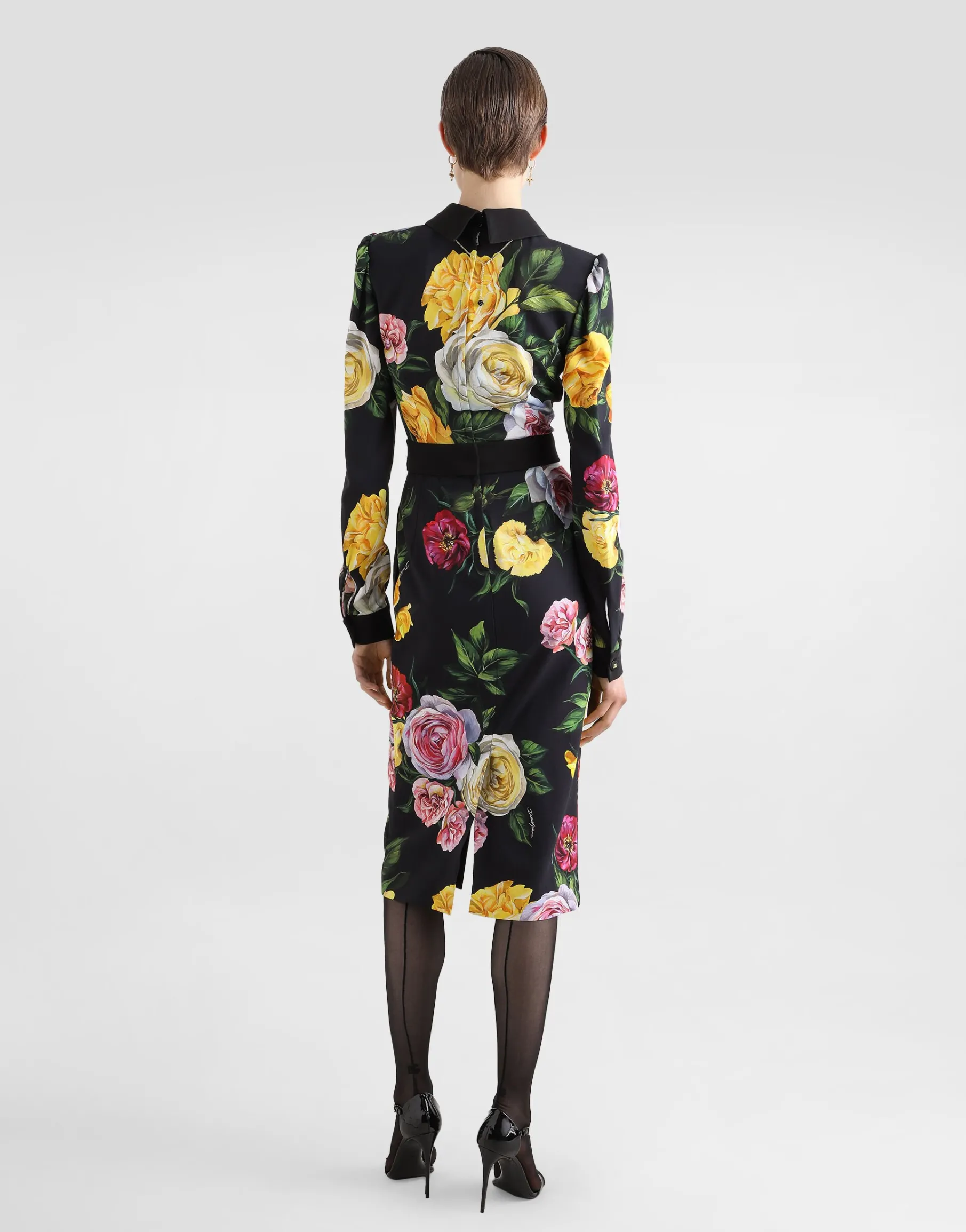 Calf-length cady shirt dress with peony and rose print