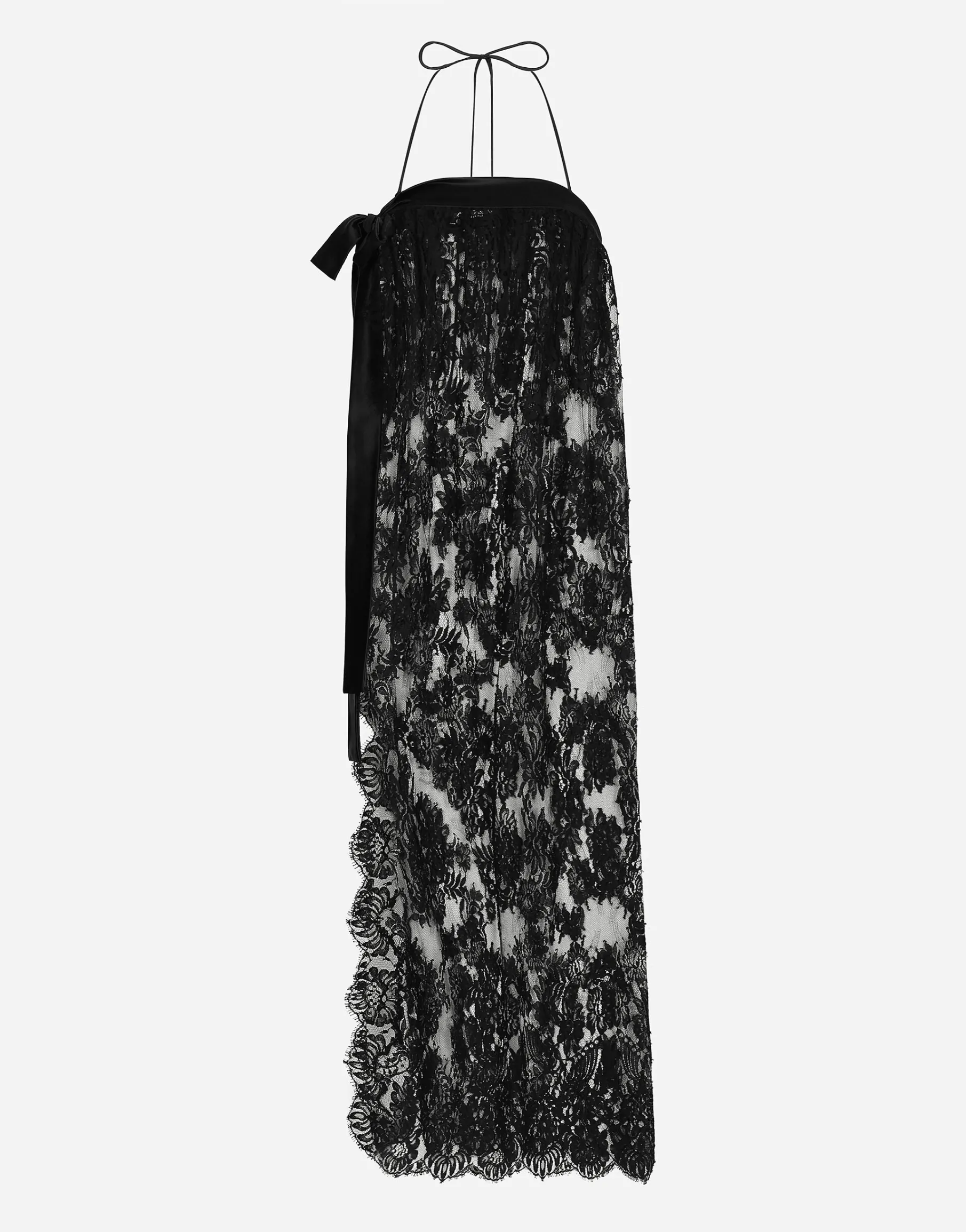 Calf-length Chantilly lace dress with satin details