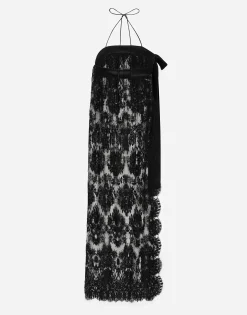 Calf-length Chantilly lace dress with satin details