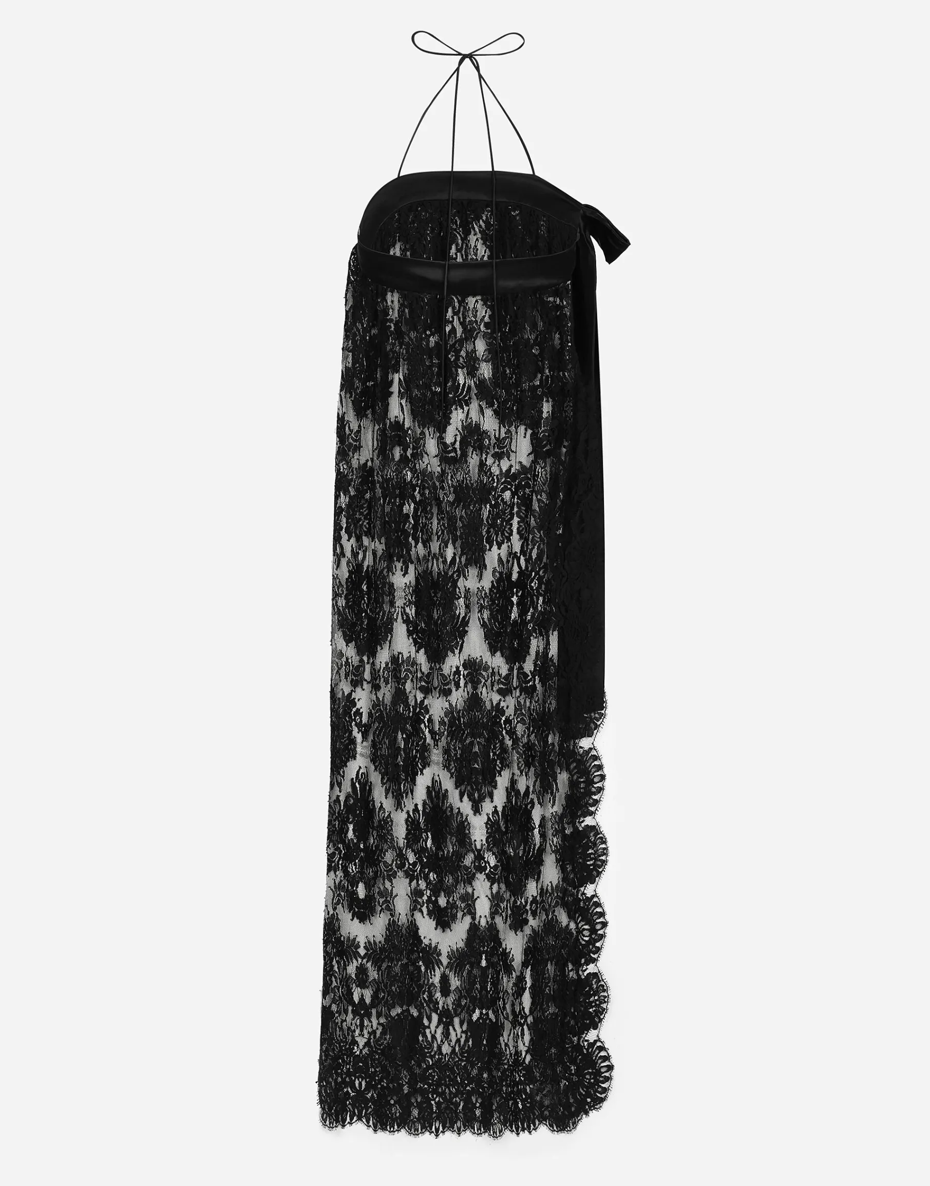 Calf-length Chantilly lace dress with satin details