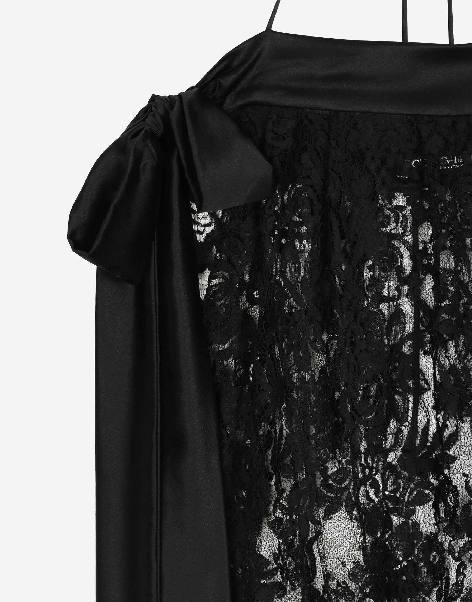 Calf-length Chantilly lace dress with satin details