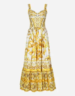 Calf-length corset dress in majolica-print cotton poplin