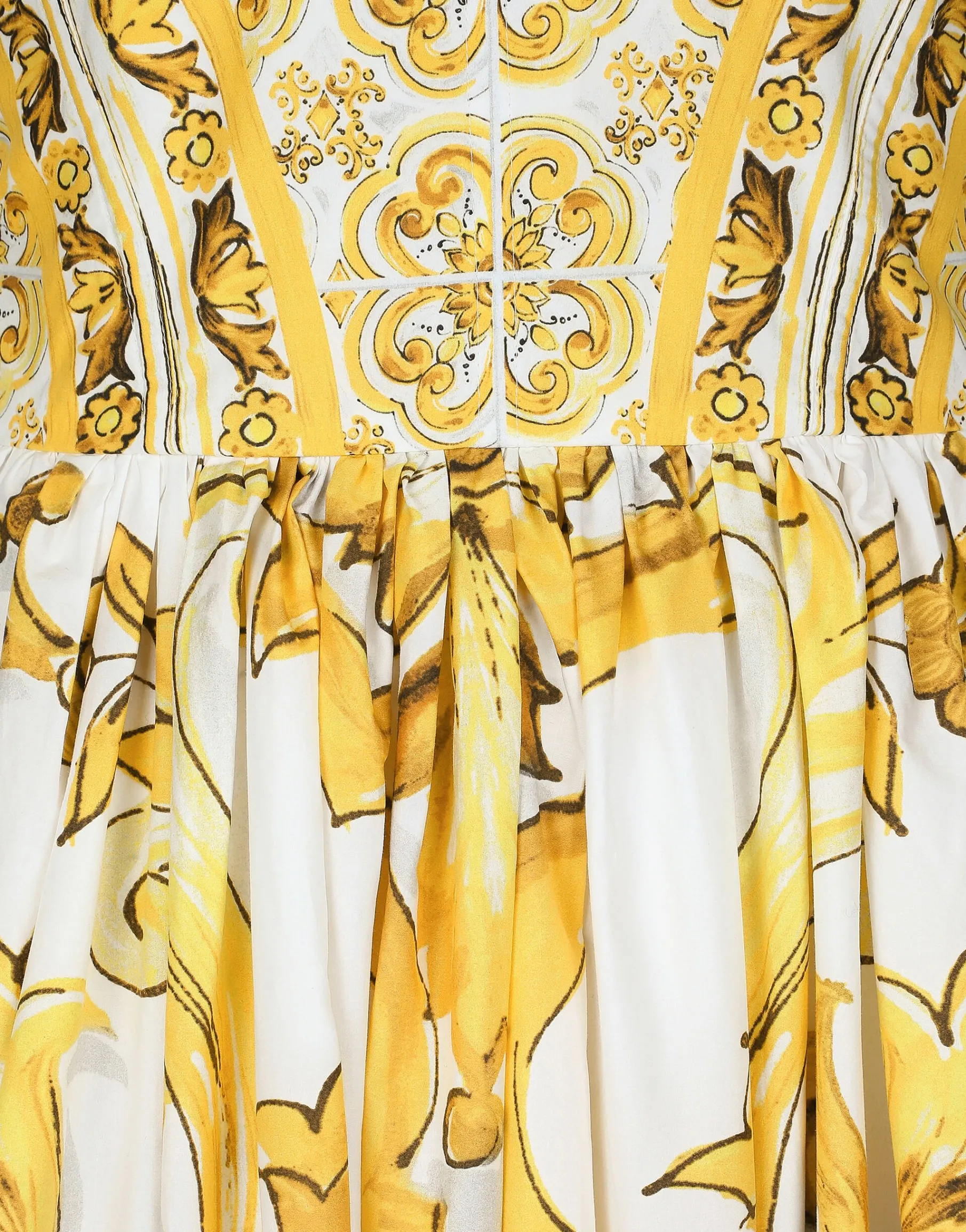 Calf-length corset dress in majolica-print cotton poplin