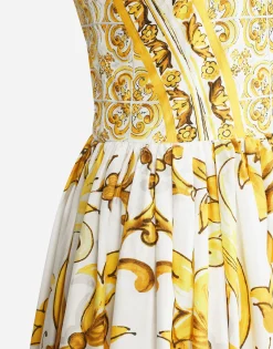 Calf-length corset dress in majolica-print cotton poplin