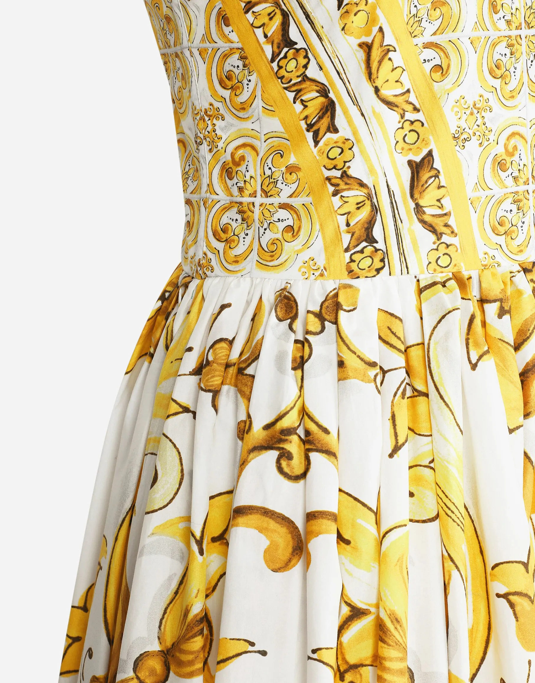Calf-length corset dress in majolica-print cotton poplin