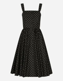 Calf-length cotton dress with polka-dot print