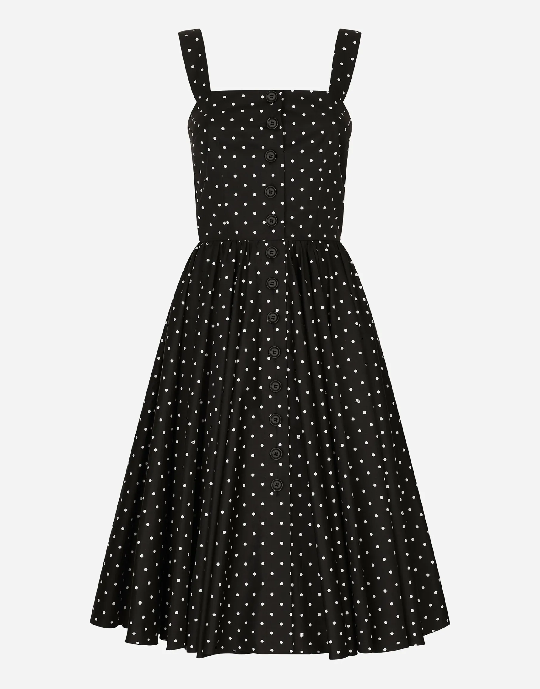 Calf-length cotton dress with polka-dot print