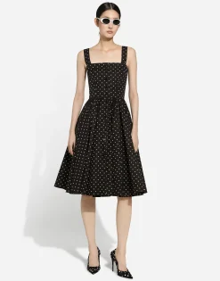 Calf-length cotton dress with polka-dot print