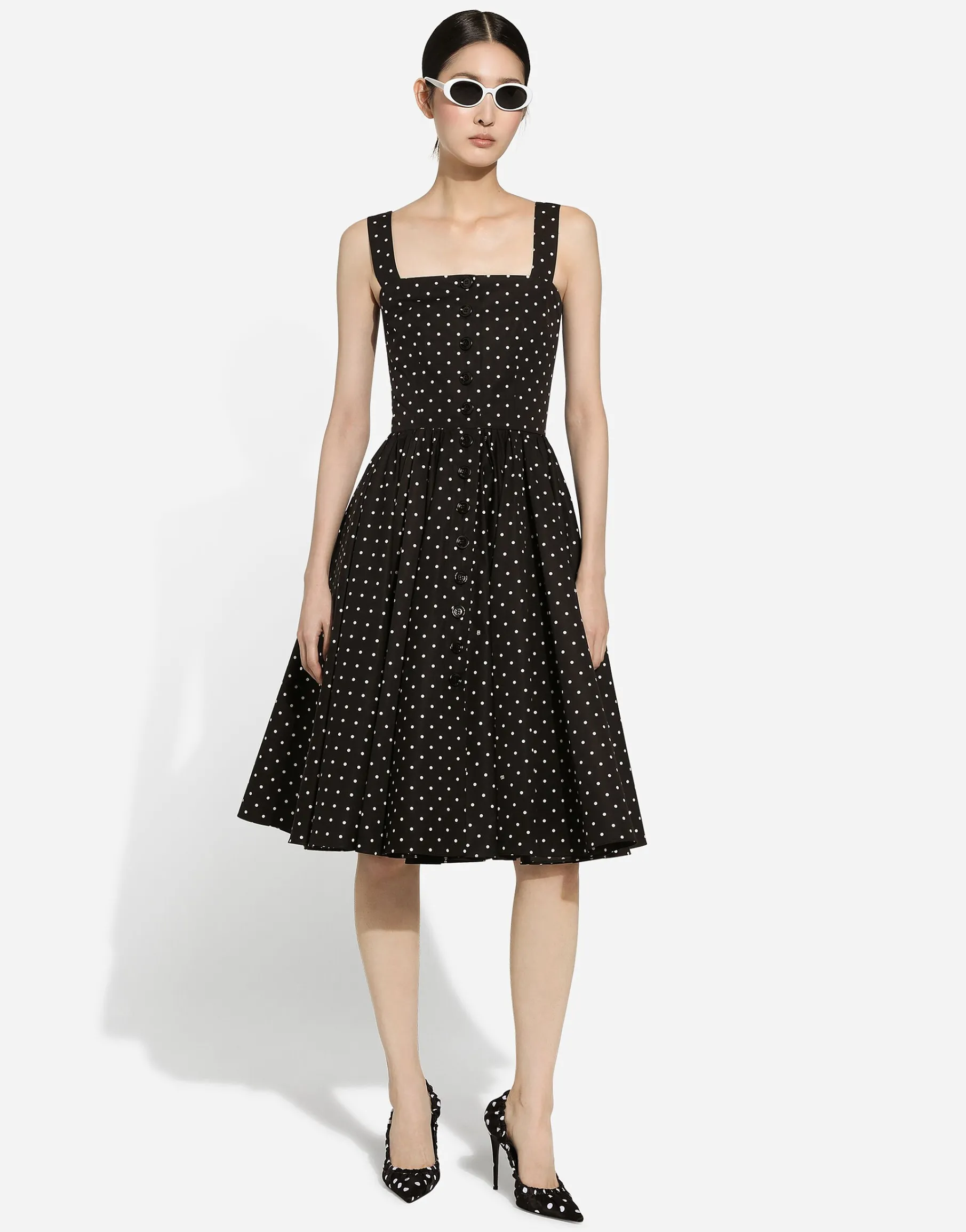 Calf-length cotton dress with polka-dot print