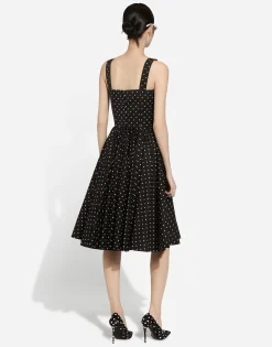 Calf-length cotton dress with polka-dot print