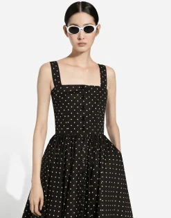 Calf-length cotton dress with polka-dot print