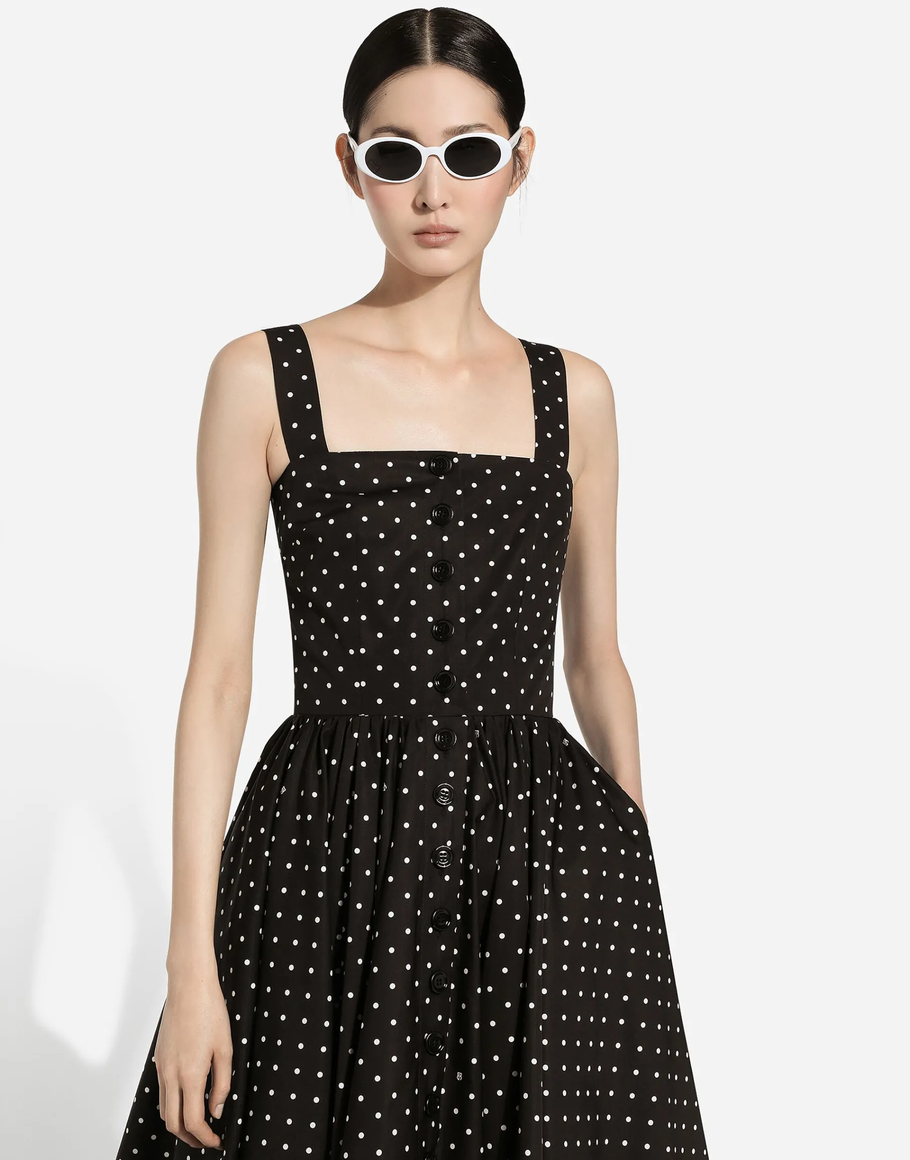 Calf-length cotton dress with polka-dot print
