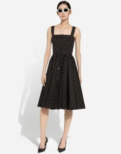 Calf-length cotton dress with polka-dot print