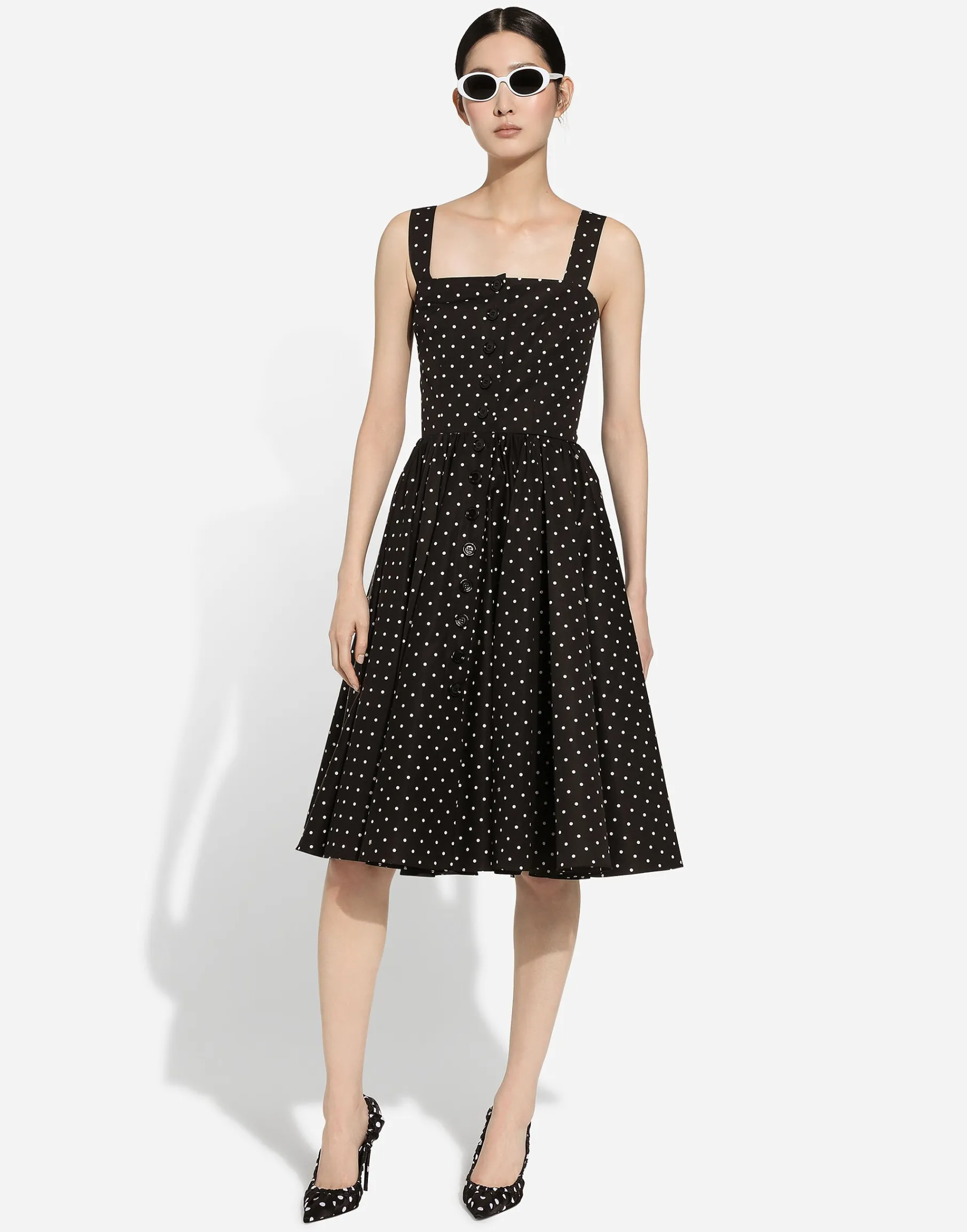 Calf-length cotton dress with polka-dot print