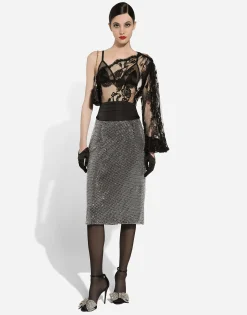 Calf-length crystal mesh skirt