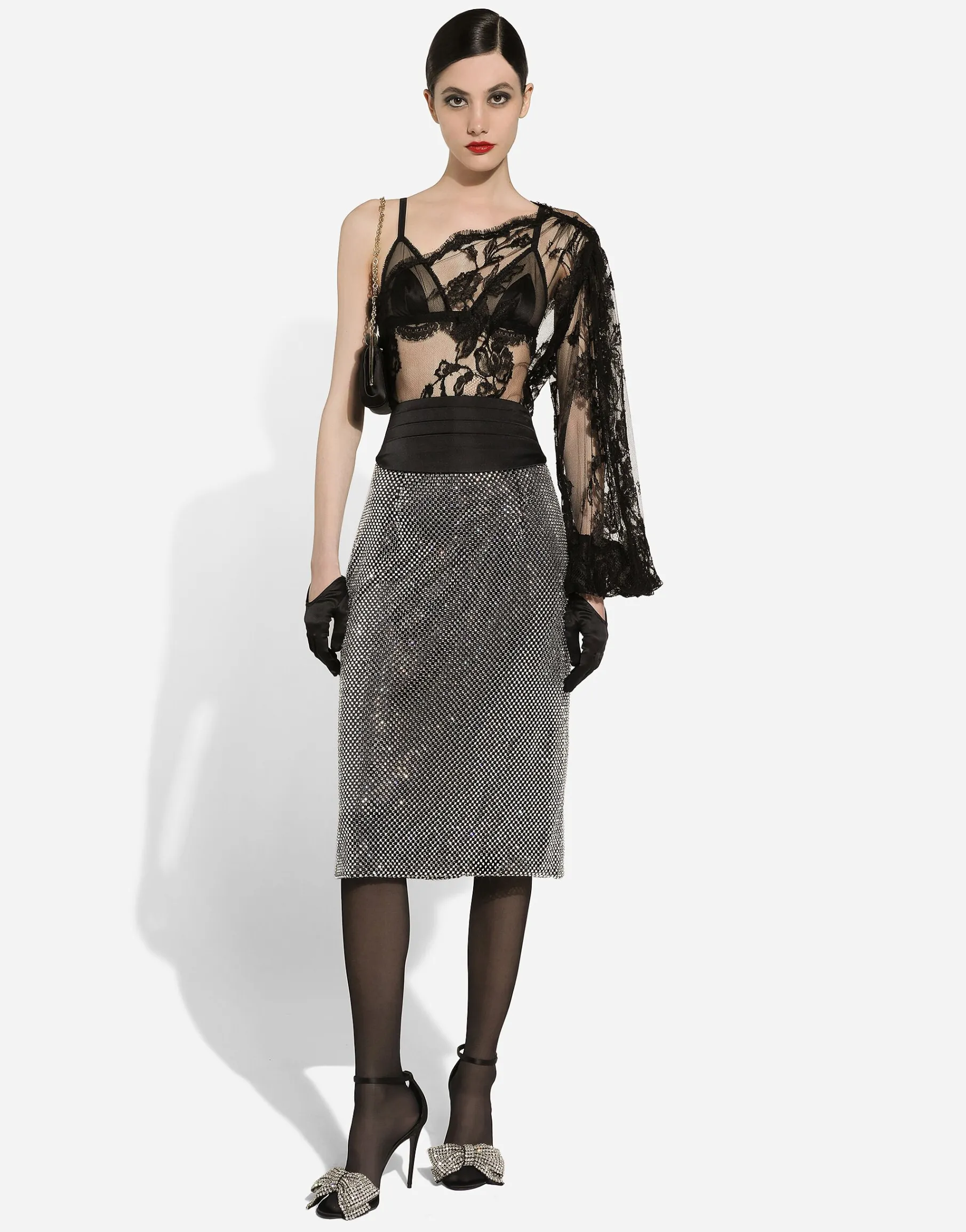 Calf-length crystal mesh skirt