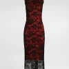 Calf-length floral lace sheath dress with contrasting lining