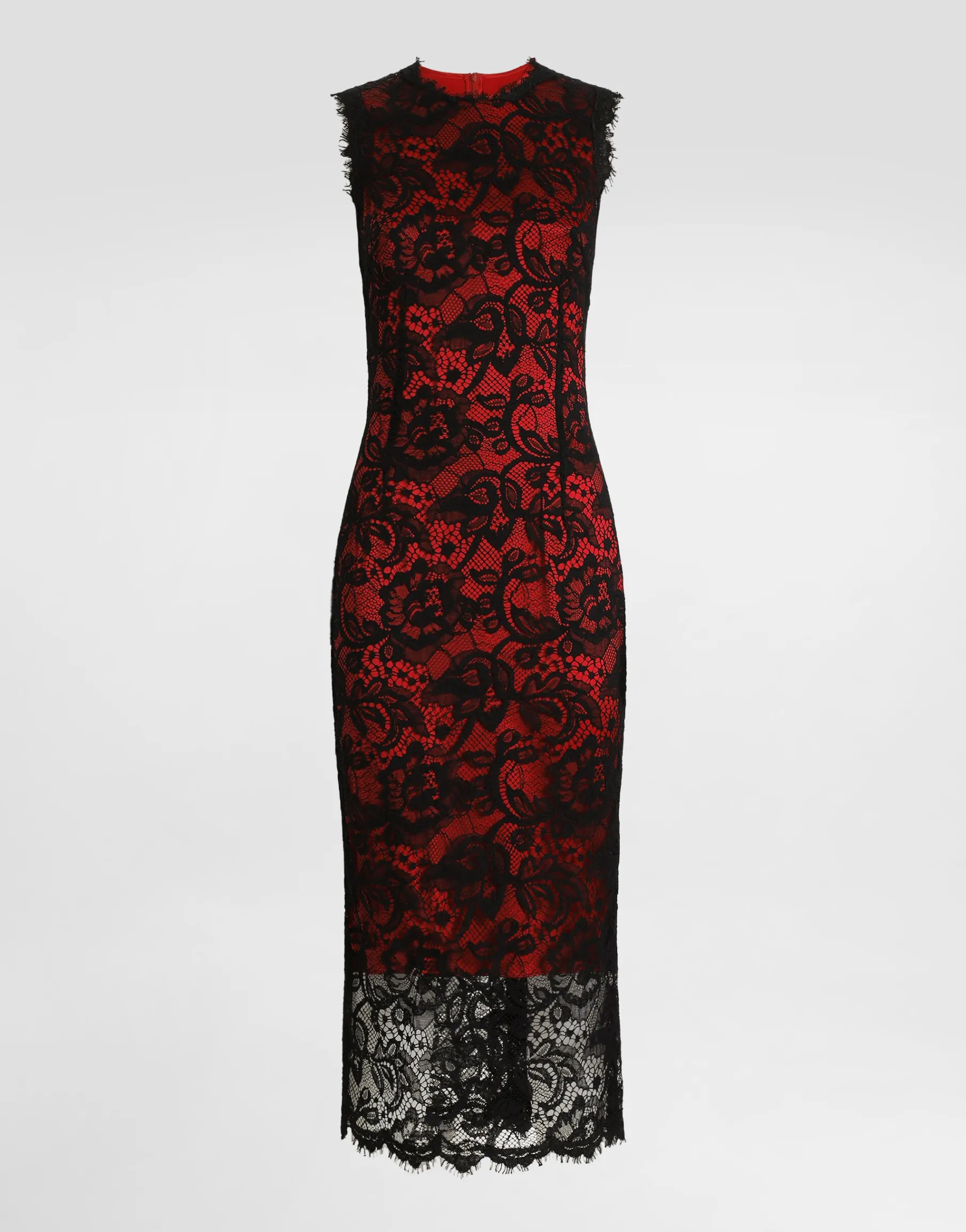 Calf-length floral lace sheath dress with contrasting lining