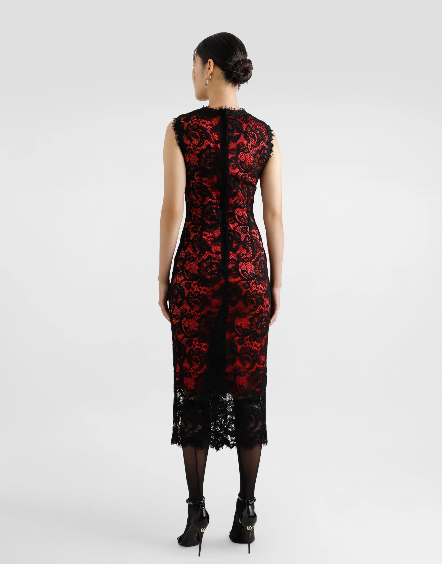 Calf-length floral lace sheath dress with contrasting lining