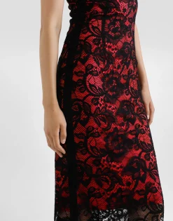 Calf-length floral lace sheath dress with contrasting lining
