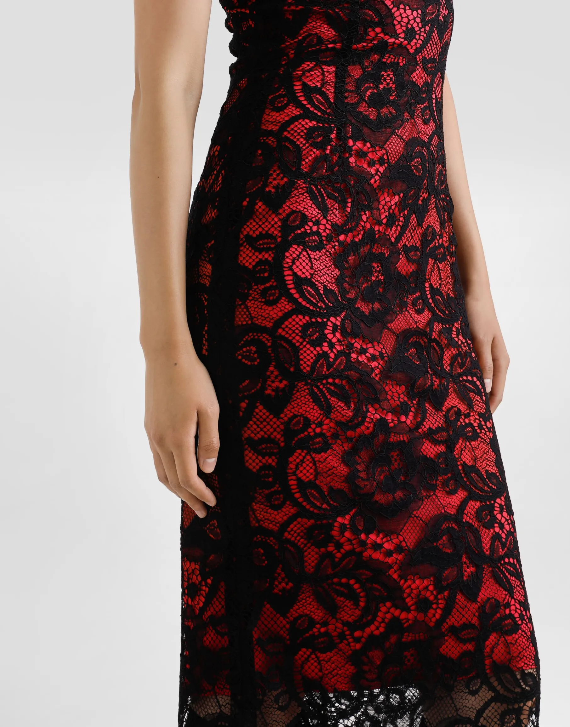 Calf-length floral lace sheath dress with contrasting lining