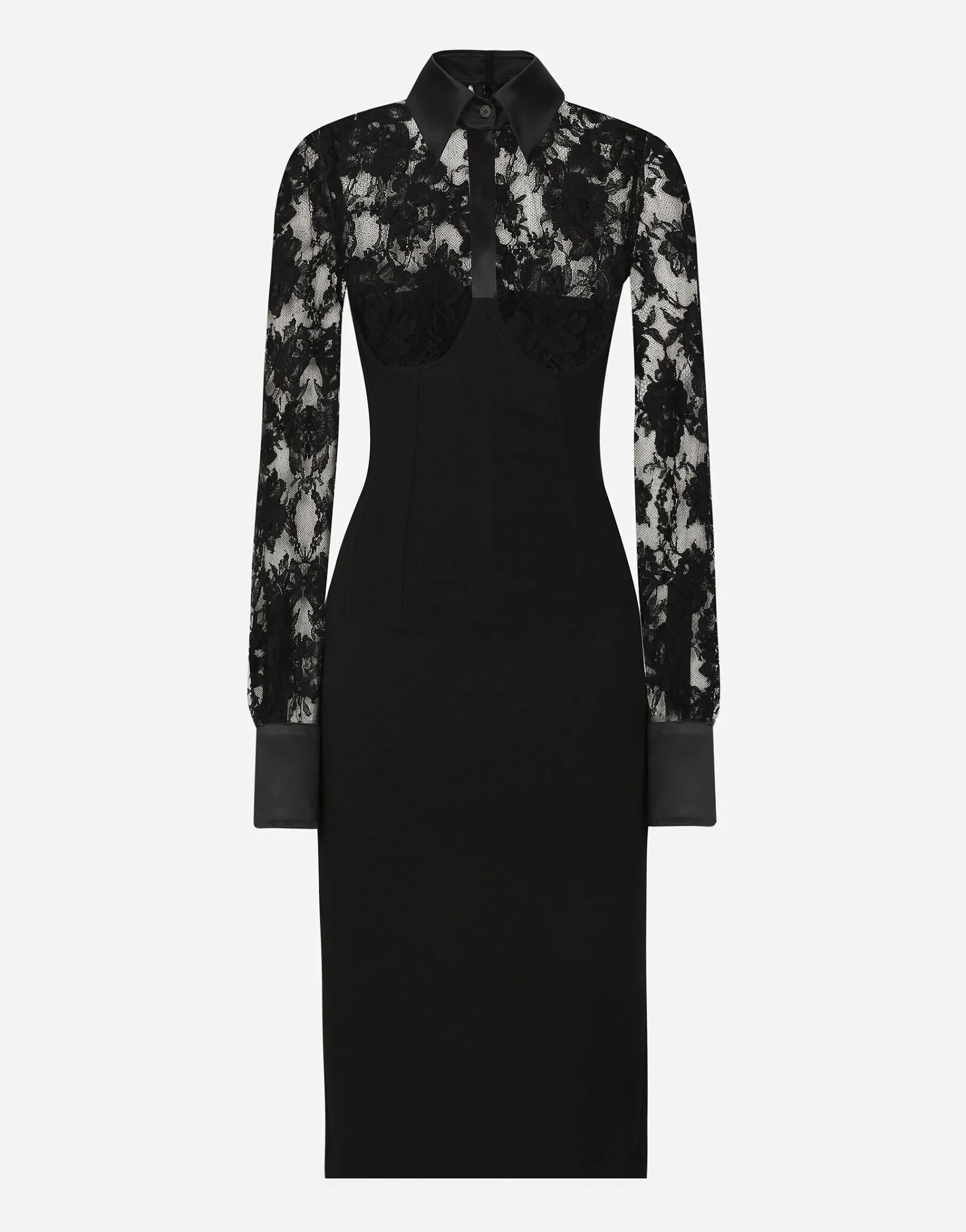 Calf-length jersey and lace dress with corset details