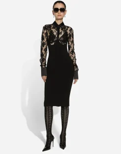 Calf-length jersey and lace dress with corset details