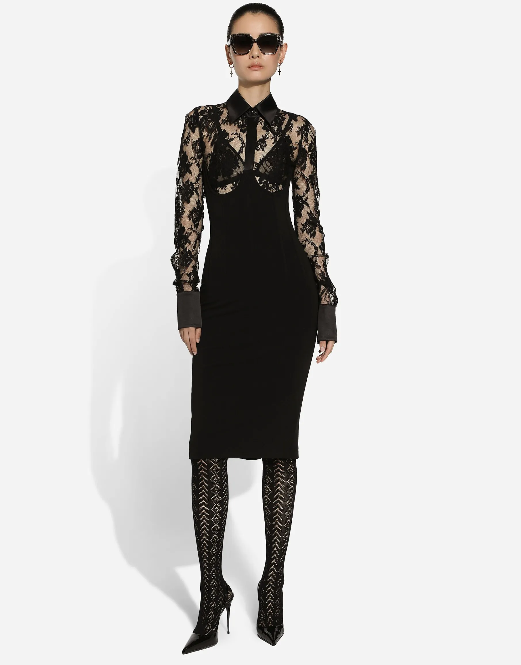 Calf-length jersey and lace dress with corset details