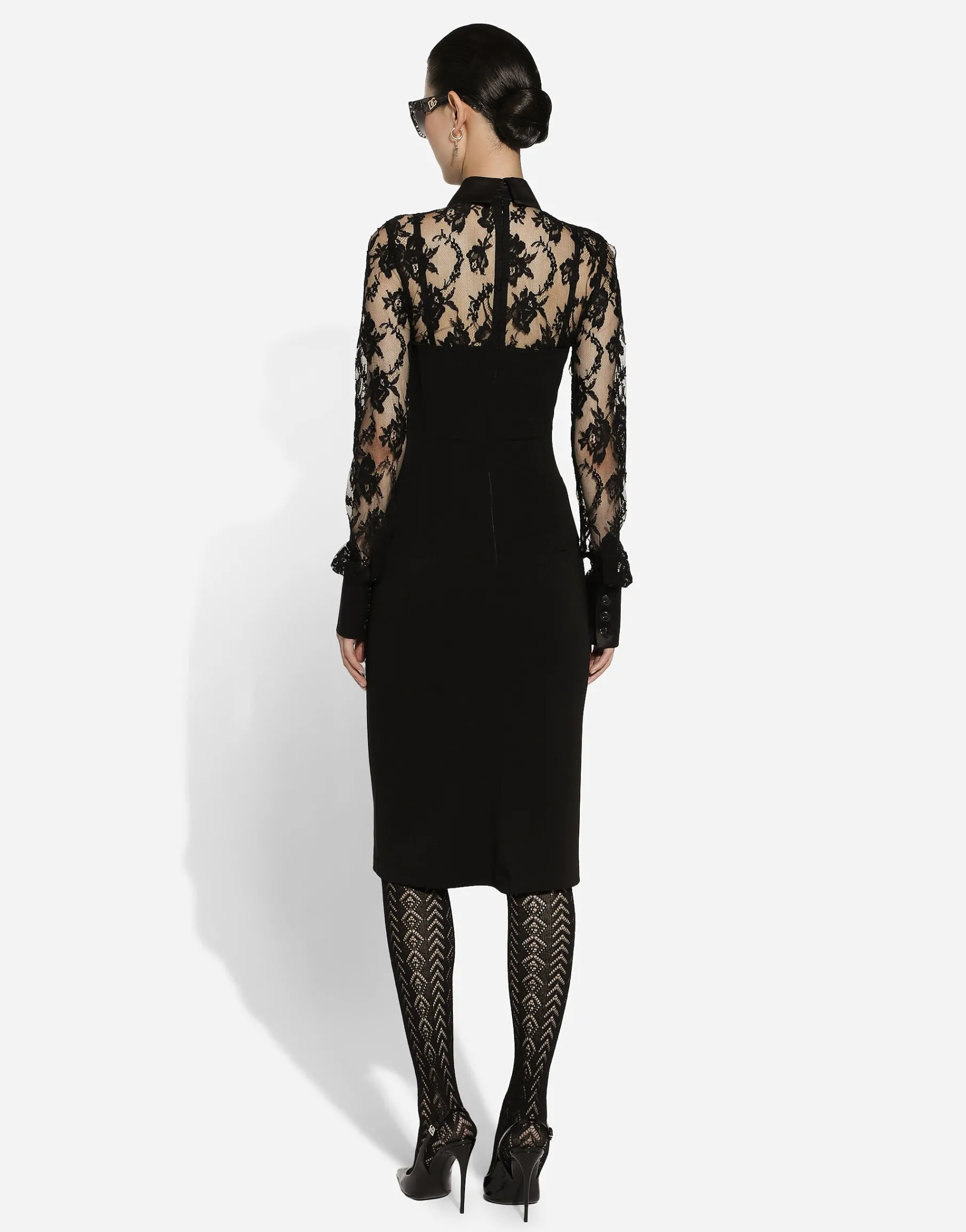 Calf-length jersey and lace dress with corset details