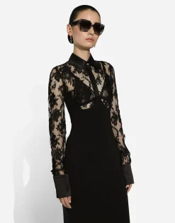 Calf-length jersey and lace dress with corset details