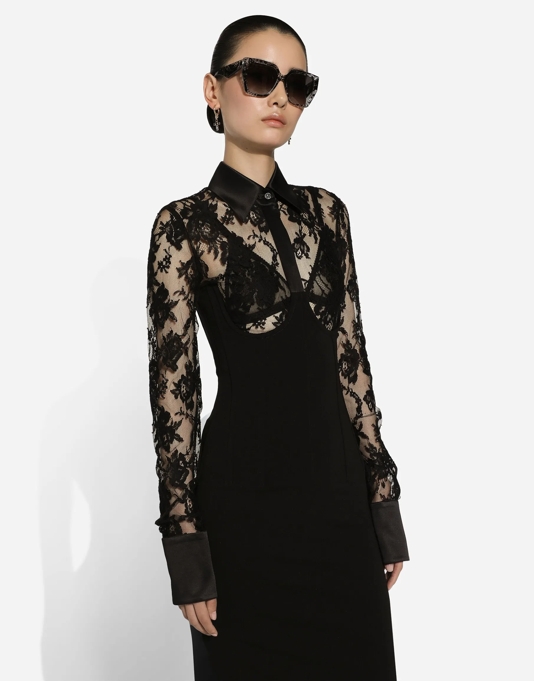 Calf-length jersey and lace dress with corset details