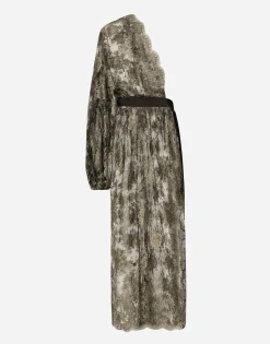 Calf-length one-shoulder lamé Chantilly lace dress