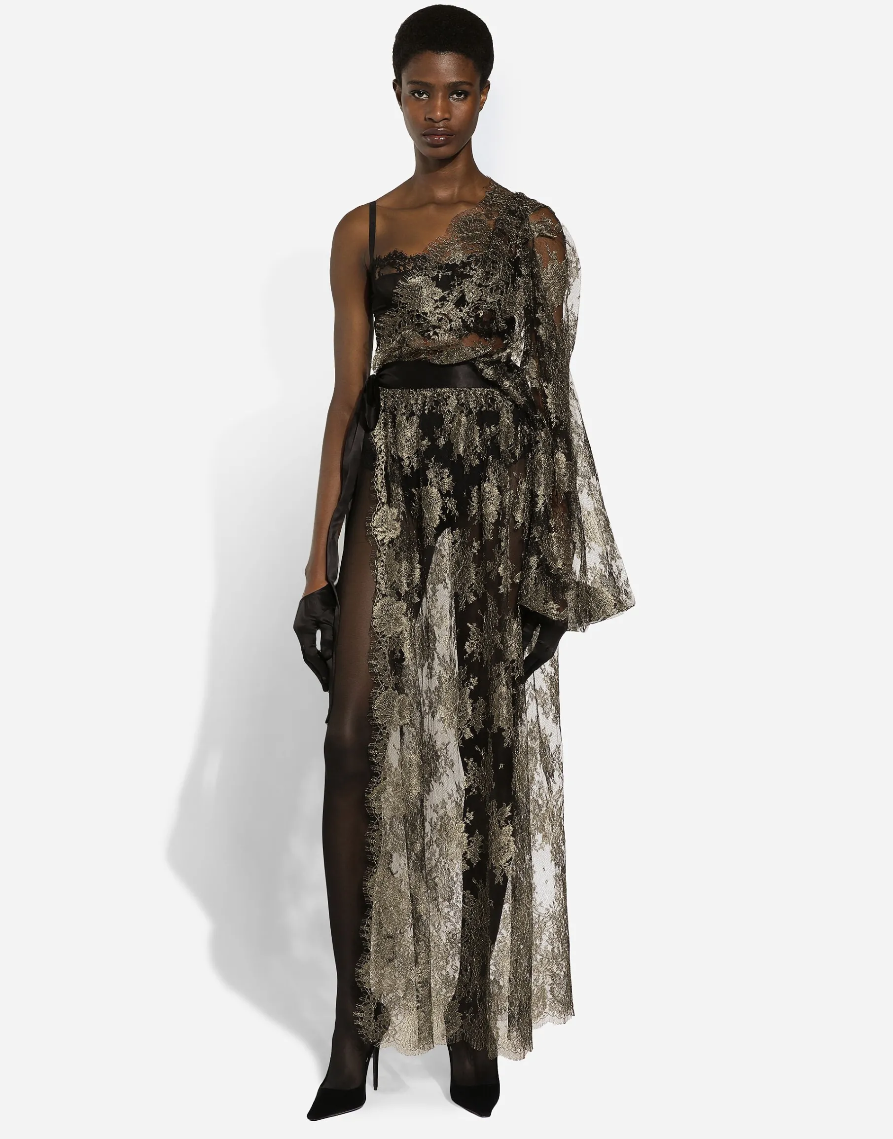 Calf-length one-shoulder lamé Chantilly lace dress