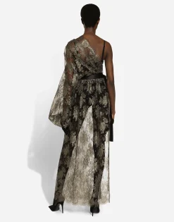 Calf-length one-shoulder lamé Chantilly lace dress
