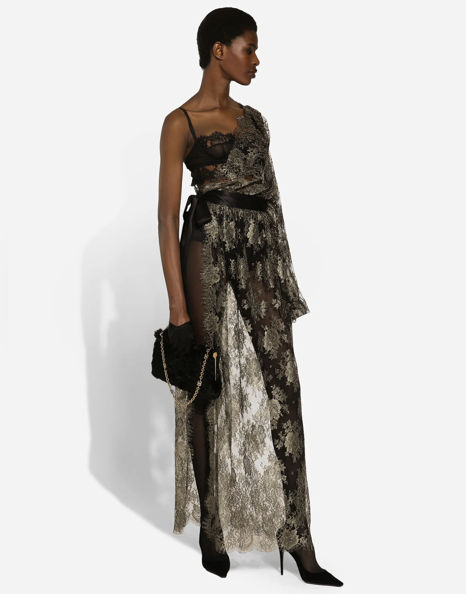 Calf-length one-shoulder lamé Chantilly lace dress