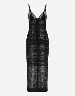 Calf-length stretch Chantilly lace slip dress