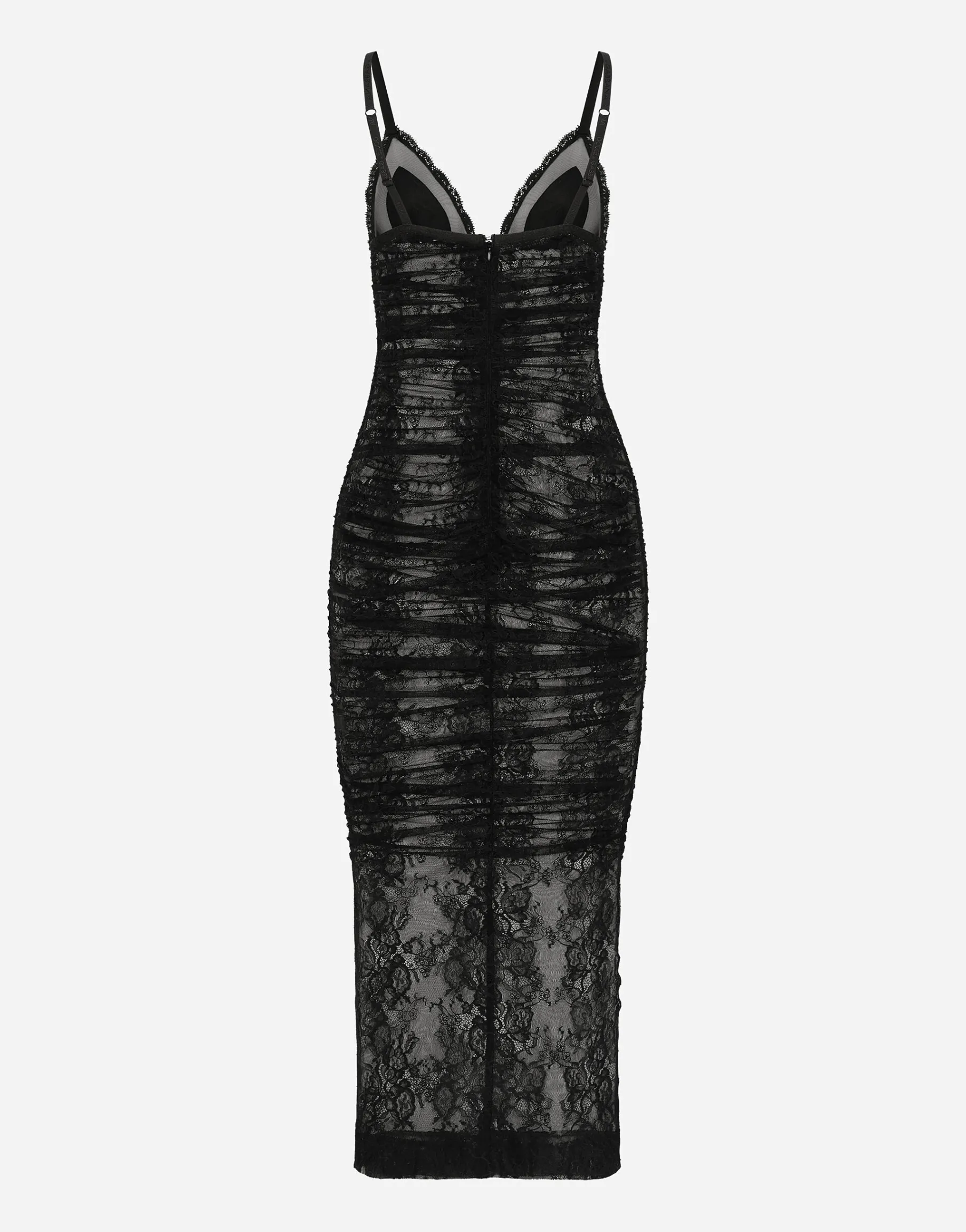 Calf-length stretch Chantilly lace slip dress