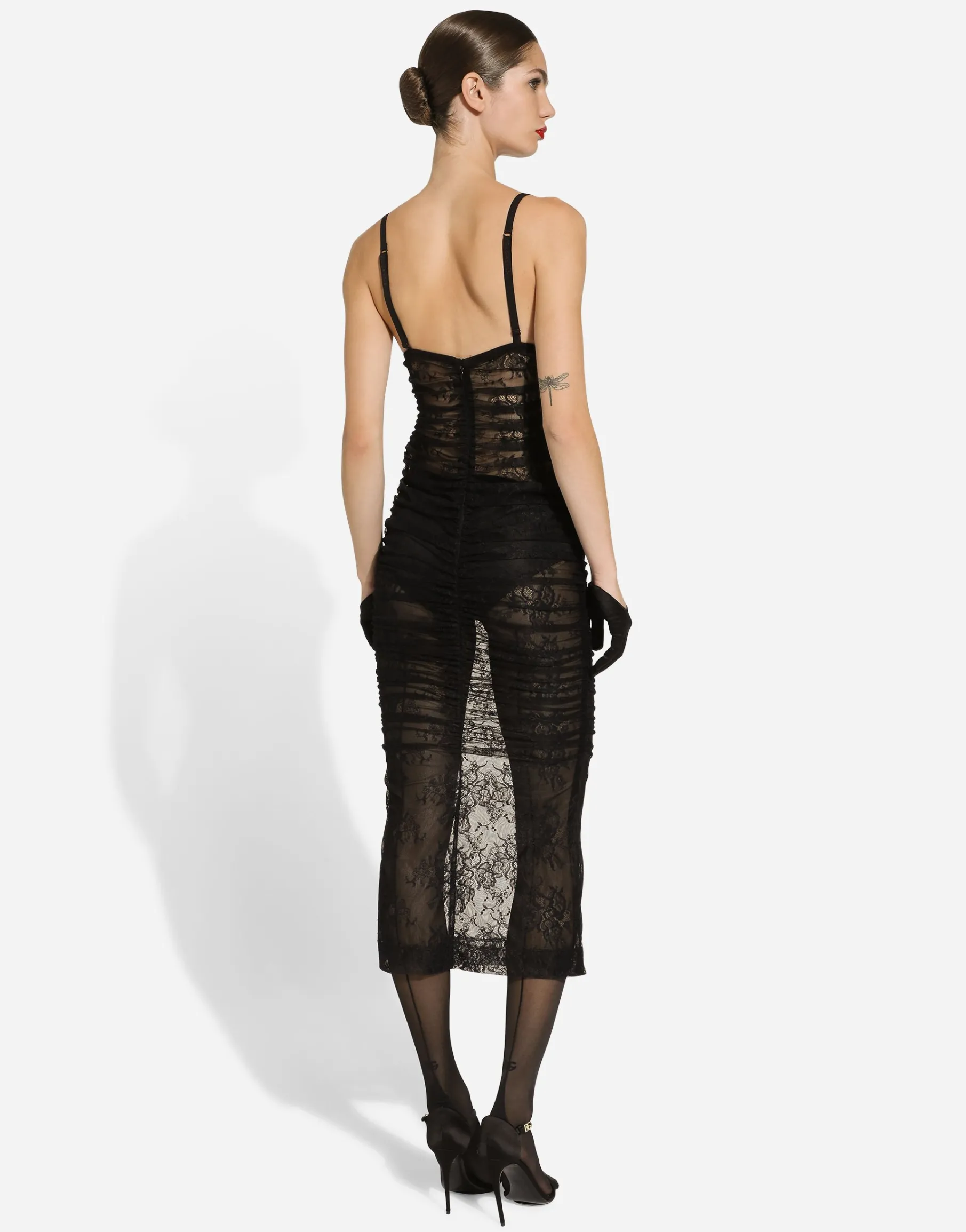 Calf-length stretch Chantilly lace slip dress