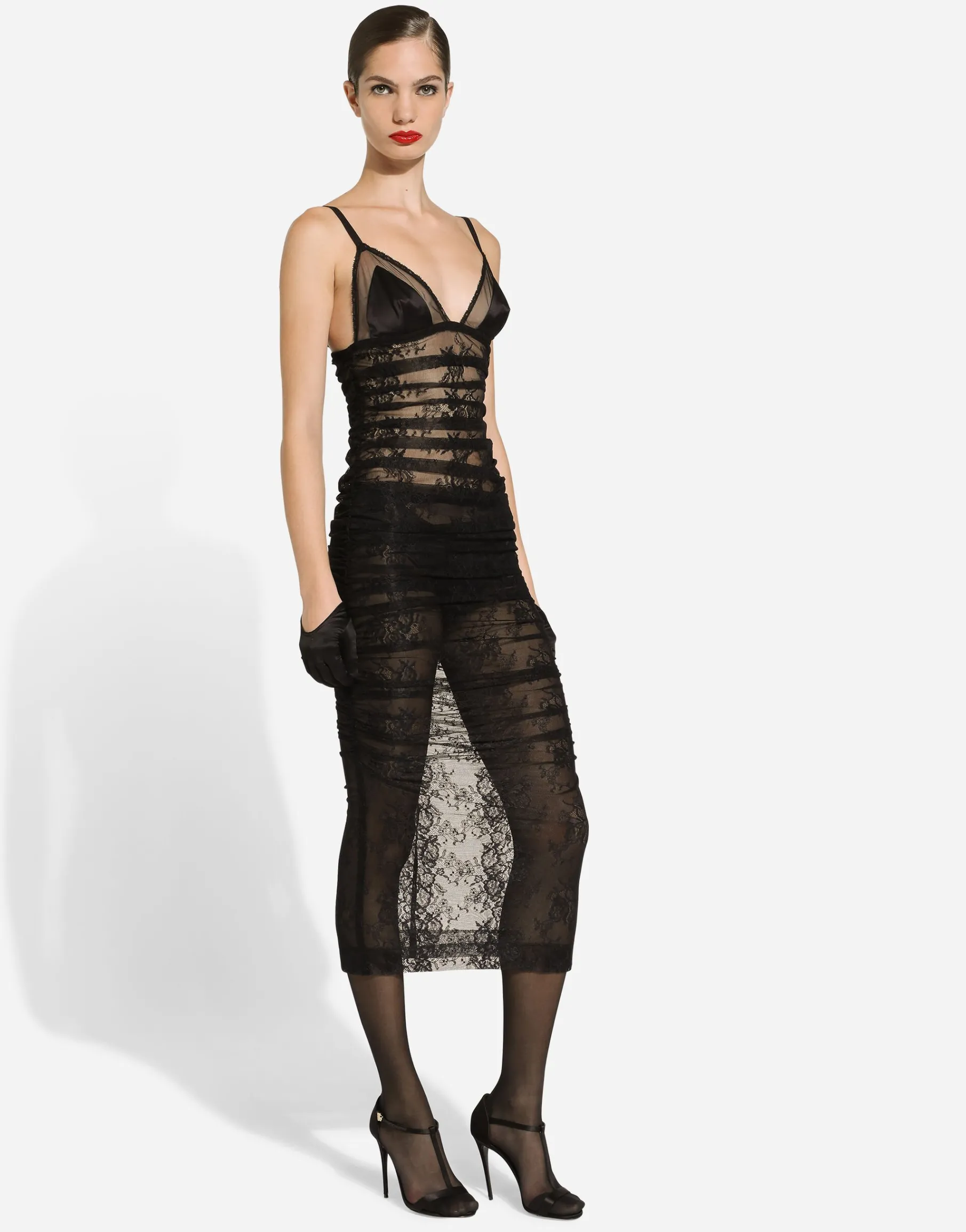 Calf-length stretch Chantilly lace slip dress