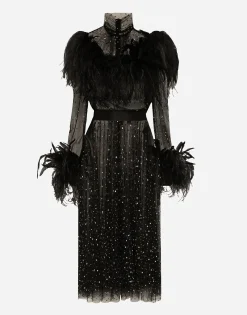 Calf-length stretch tulle dress with fusible rhinestones and rooster and ostrich feather embellishment