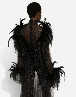 Calf-length stretch tulle dress with fusible rhinestones and rooster and ostrich feather embellishment